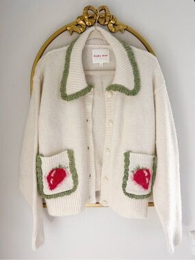 Bailey Rose Cream Cardigan with Green Trim and Strawberry Accent Pockets